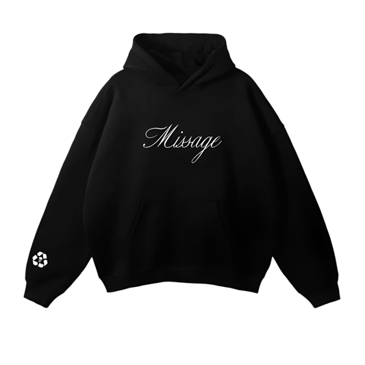 Black hoodie with 'Missage' branding on a white background